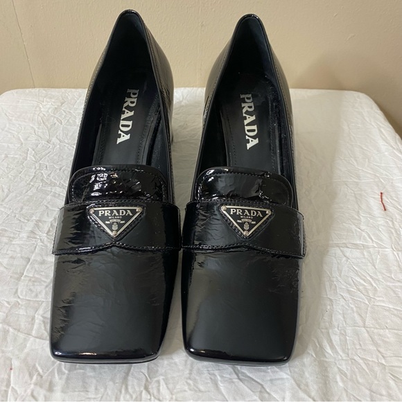 Prada Triangle-plaque square-toe black heeled patent leather loafers - Picture 1 of 11